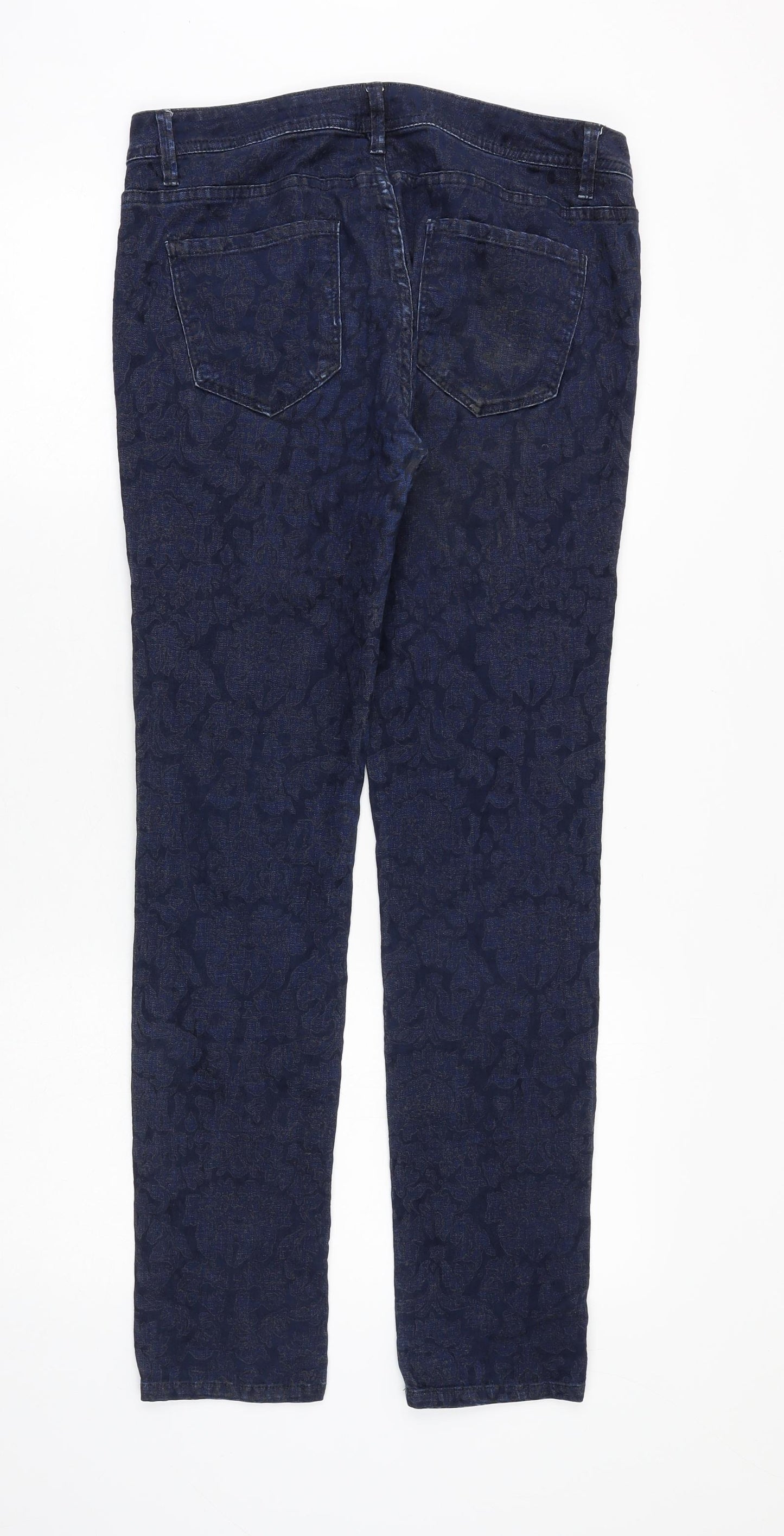 Zara Womens Blue Geometric Cotton Straight Jeans Size 12 Slim Zip