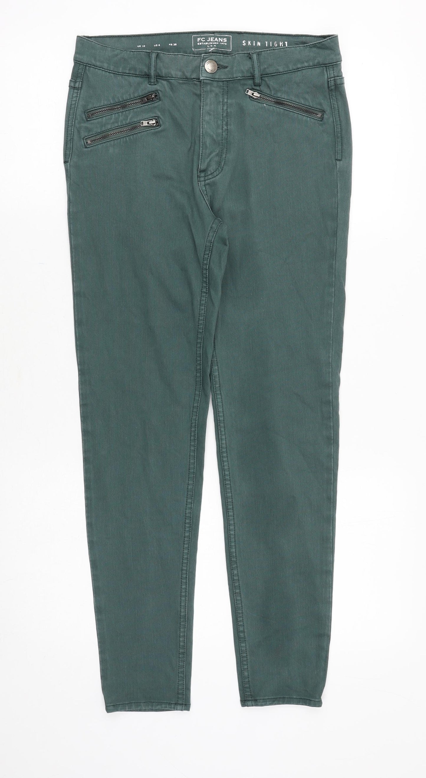 FC Jeans Womens Green Cotton Skinny Jeans Size 32 in Extra-Slim Zip