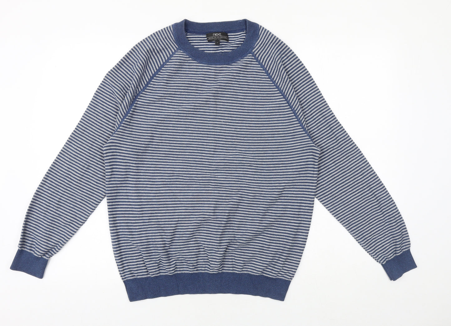 NEXT Mens Blue Round Neck Striped Cotton Pullover Jumper Size L Long Sleeve
