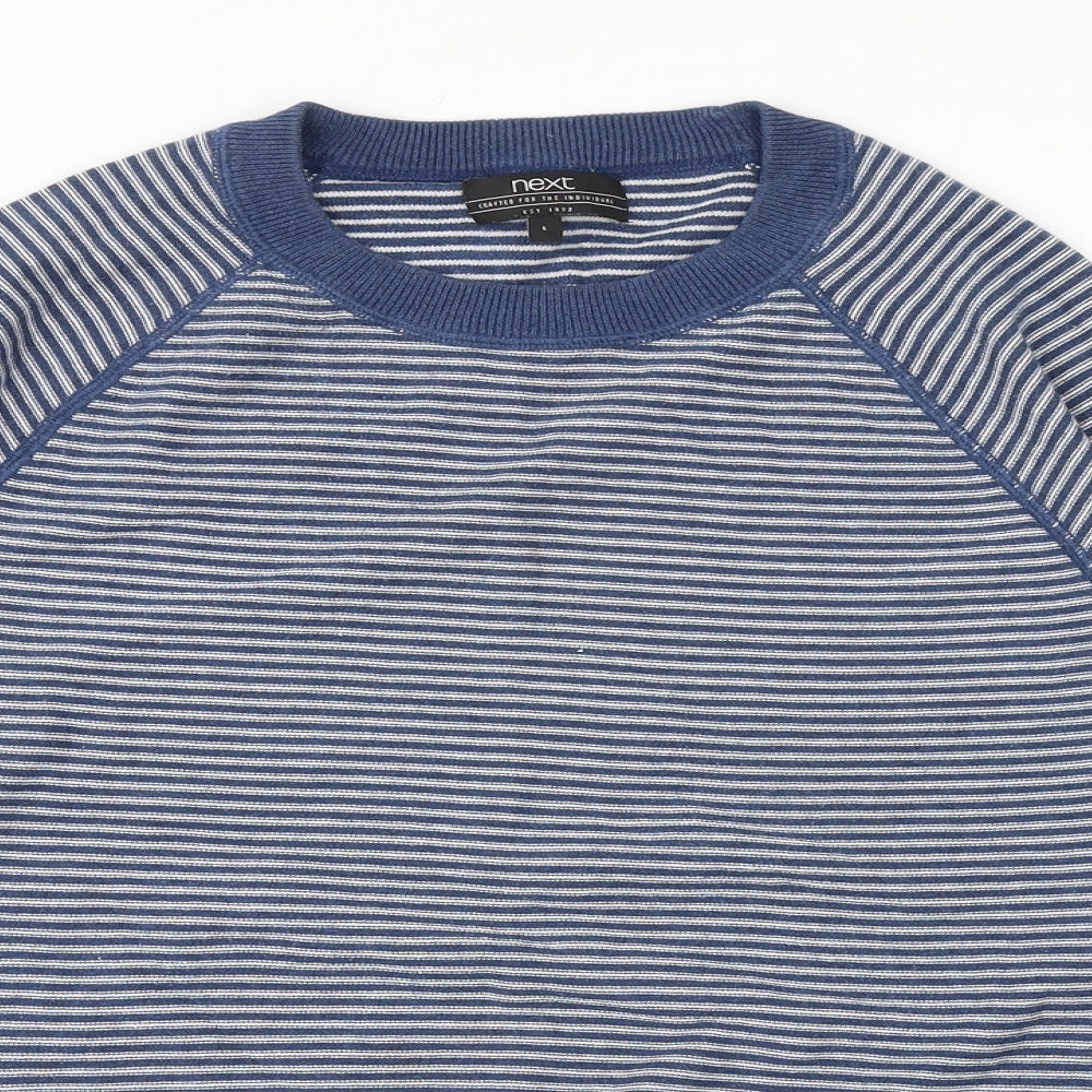 NEXT Mens Blue Round Neck Striped Cotton Pullover Jumper Size L Long Sleeve