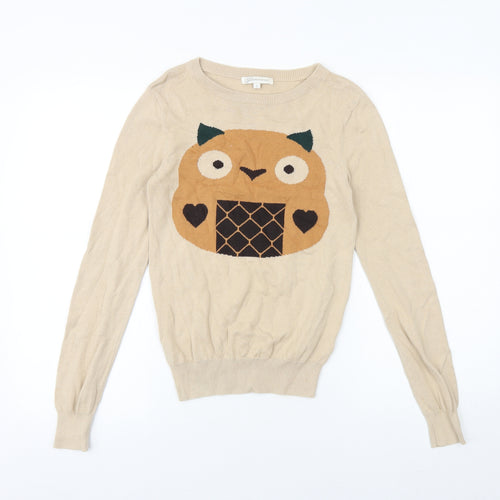 Glamorous Womens Beige Boat Neck 100% Cotton Pullover Jumper Size 6 - Owl