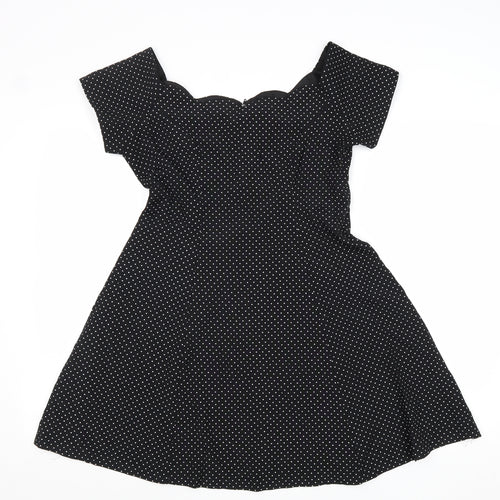 Dramatix Womens Black Polka Dot Viscose Fit & Flare Size 10 Boat Neck Zip - Scalloped Neckline