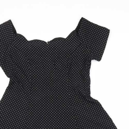 Dramatix Womens Black Polka Dot Viscose Fit & Flare Size 10 Boat Neck Zip - Scalloped Neckline