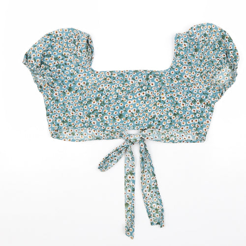 SheIn Womens Blue Floral Polyester Cropped Blouse Size M Square Neck - Tie Detail