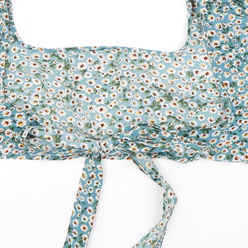SheIn Womens Blue Floral Polyester Cropped Blouse Size M Square Neck - Tie Detail