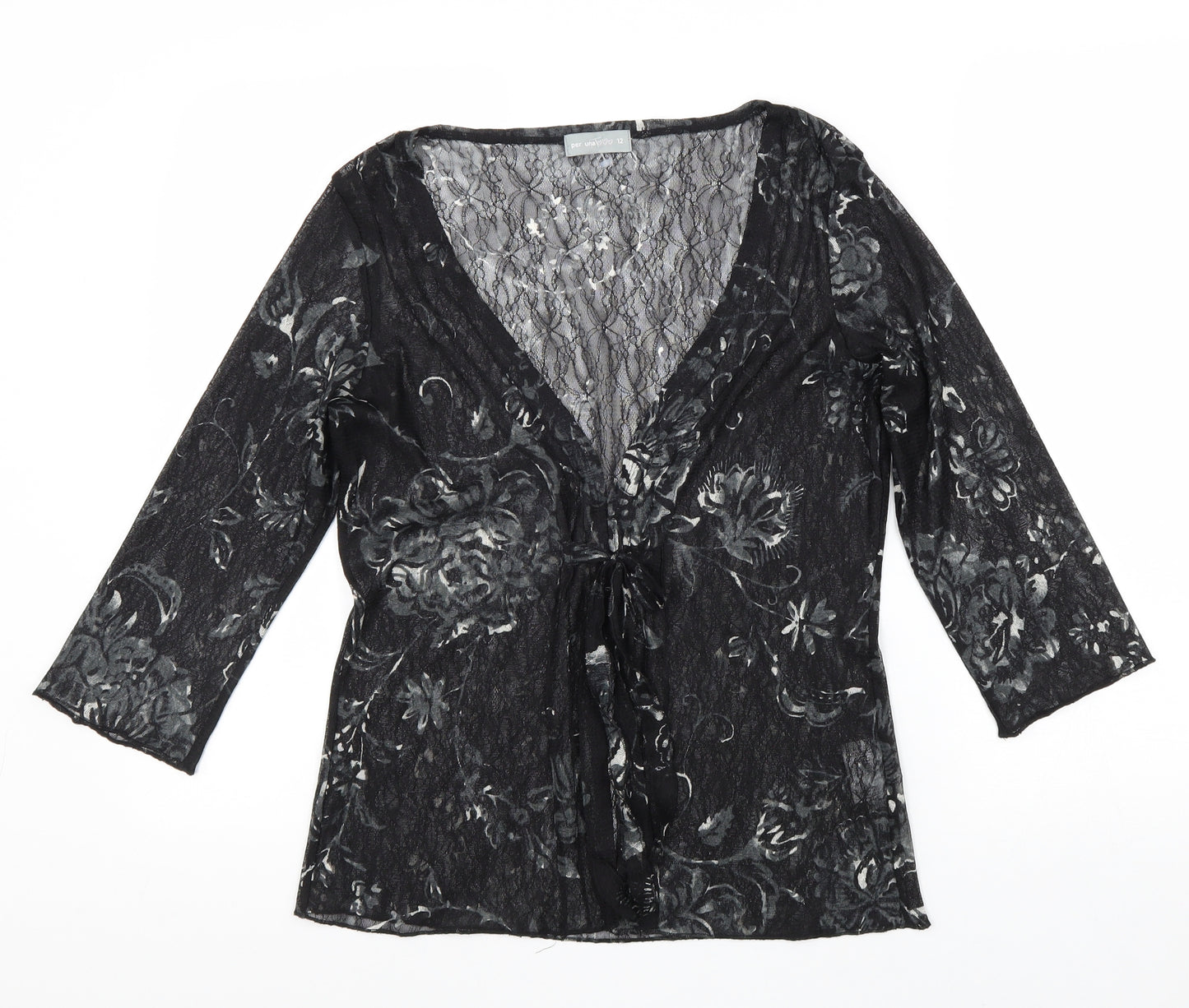 Per Una Womens Black Floral Polyester Kimono Blouse Size 12 V-Neck - Tie Front