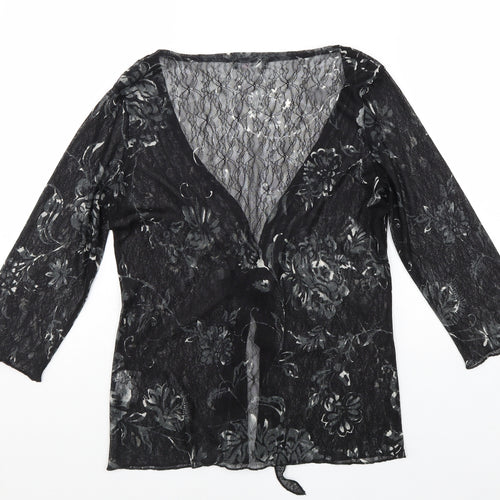 Per Una Womens Black Floral Polyester Kimono Blouse Size 12 V-Neck - Tie Front