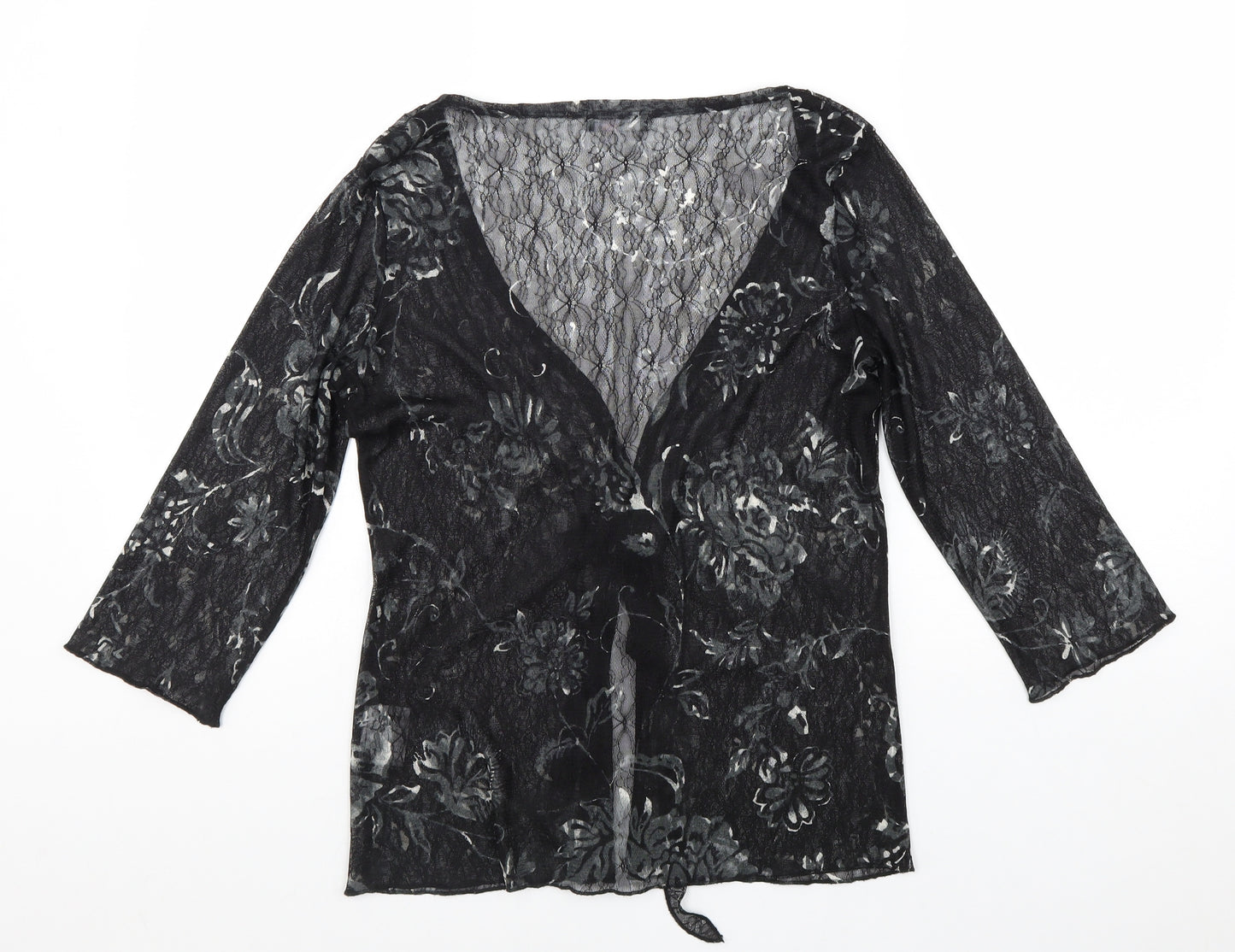 Per Una Womens Black Floral Polyester Kimono Blouse Size 12 V-Neck - Tie Front