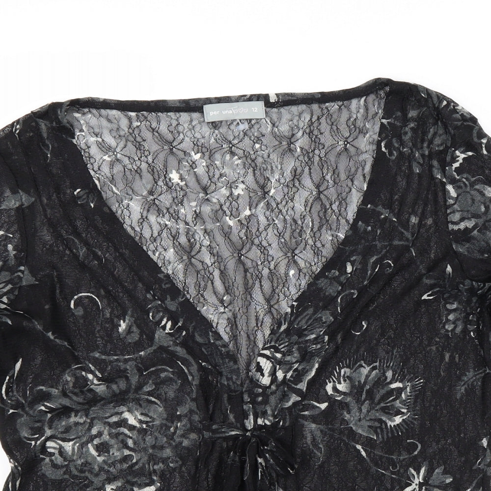 Per Una Womens Black Floral Polyester Kimono Blouse Size 12 V-Neck - Tie Front