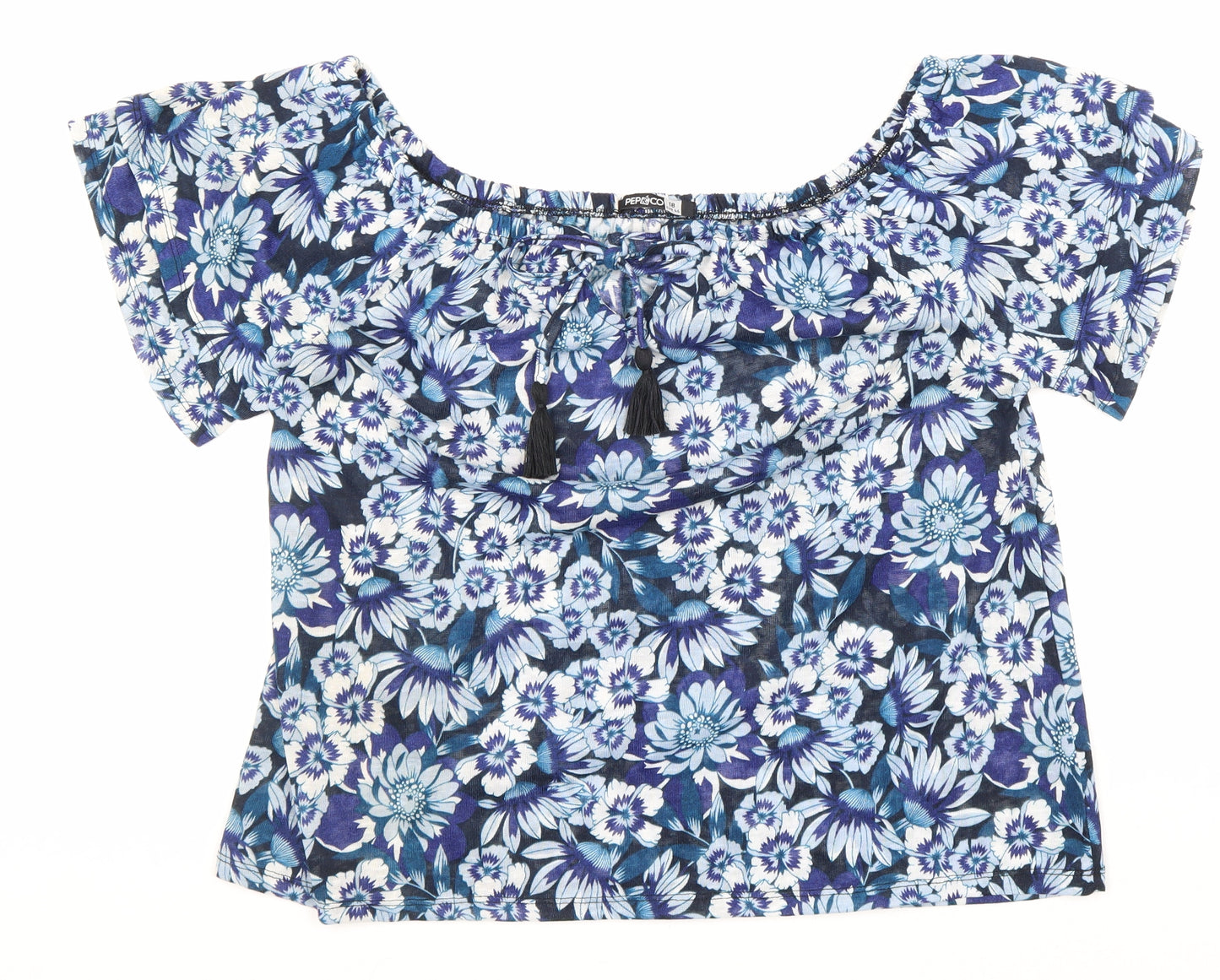 Pep&Co Womens Blue Floral Polyester Basic T-Shirt Size 18 Off the Shoulder