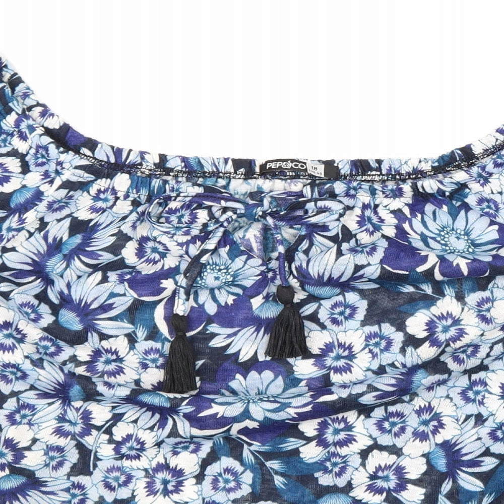 Pep&Co Womens Blue Floral Polyester Basic T-Shirt Size 18 Off the Shoulder