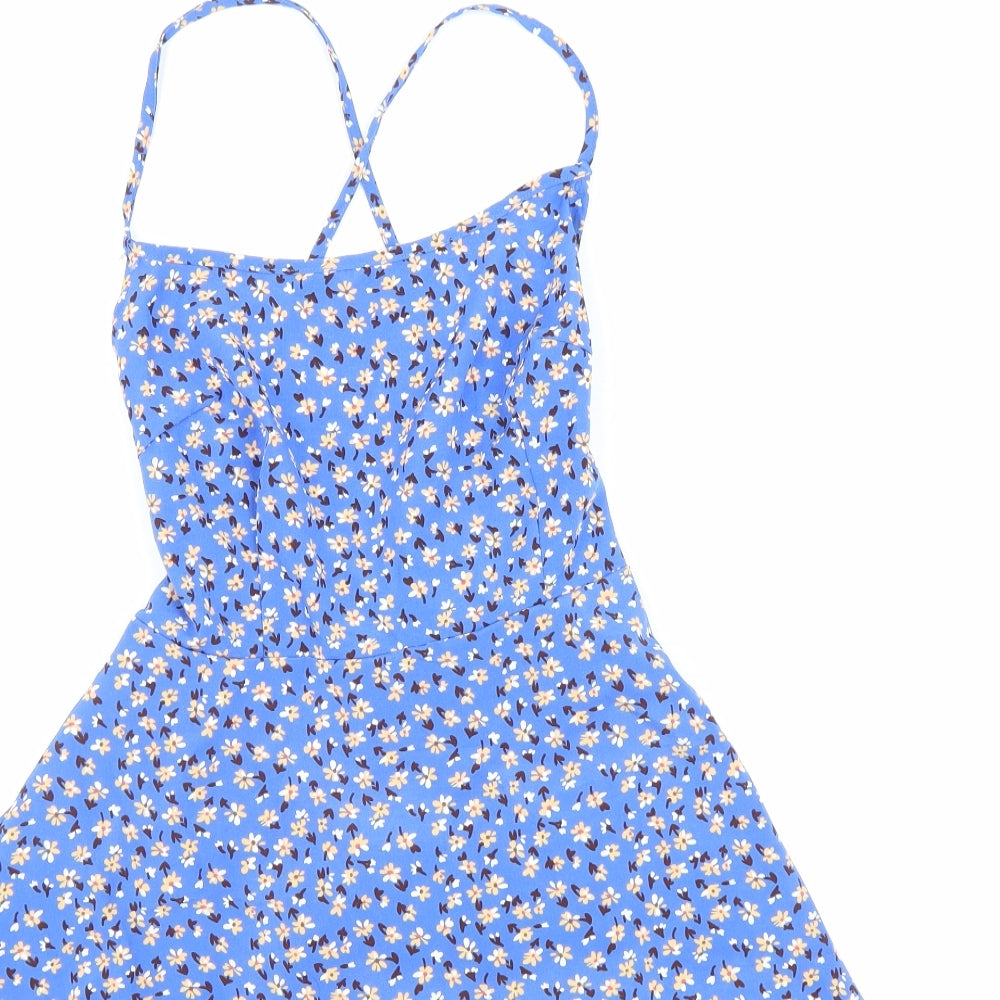 SheIn Womens Blue Floral Polyester Tank Dress Size M Round Neck Tie