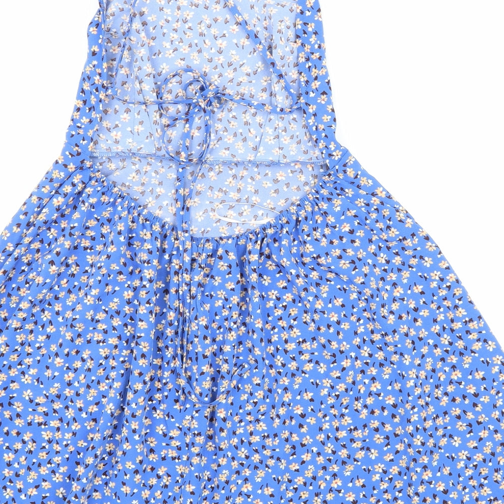SheIn Womens Blue Floral Polyester Tank Dress Size M Round Neck Tie