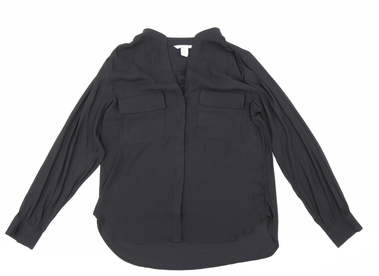 H&M Womens Black Polyester Basic Button-Up Size 12 V-Neck