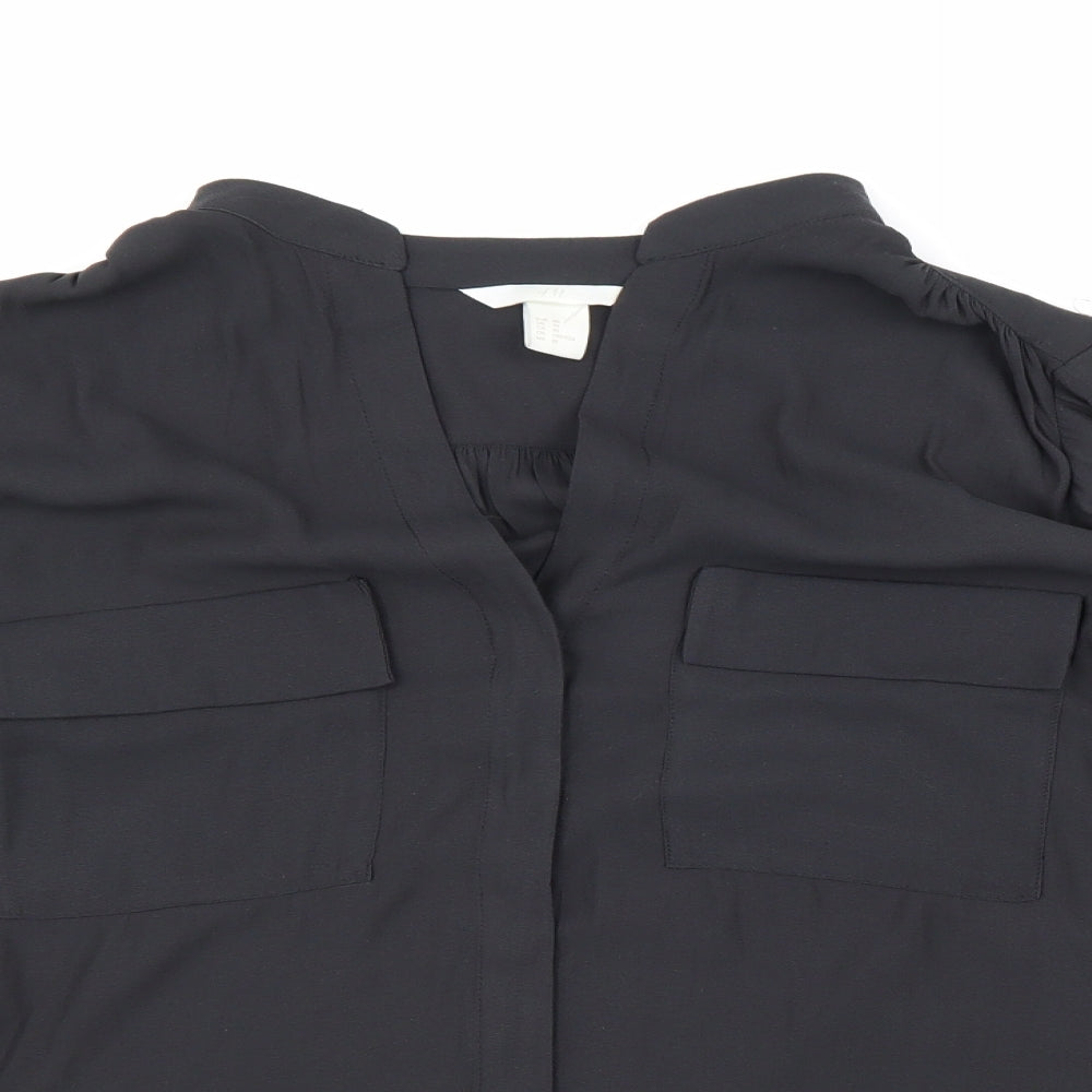 H&M Womens Black Polyester Basic Button-Up Size 12 V-Neck