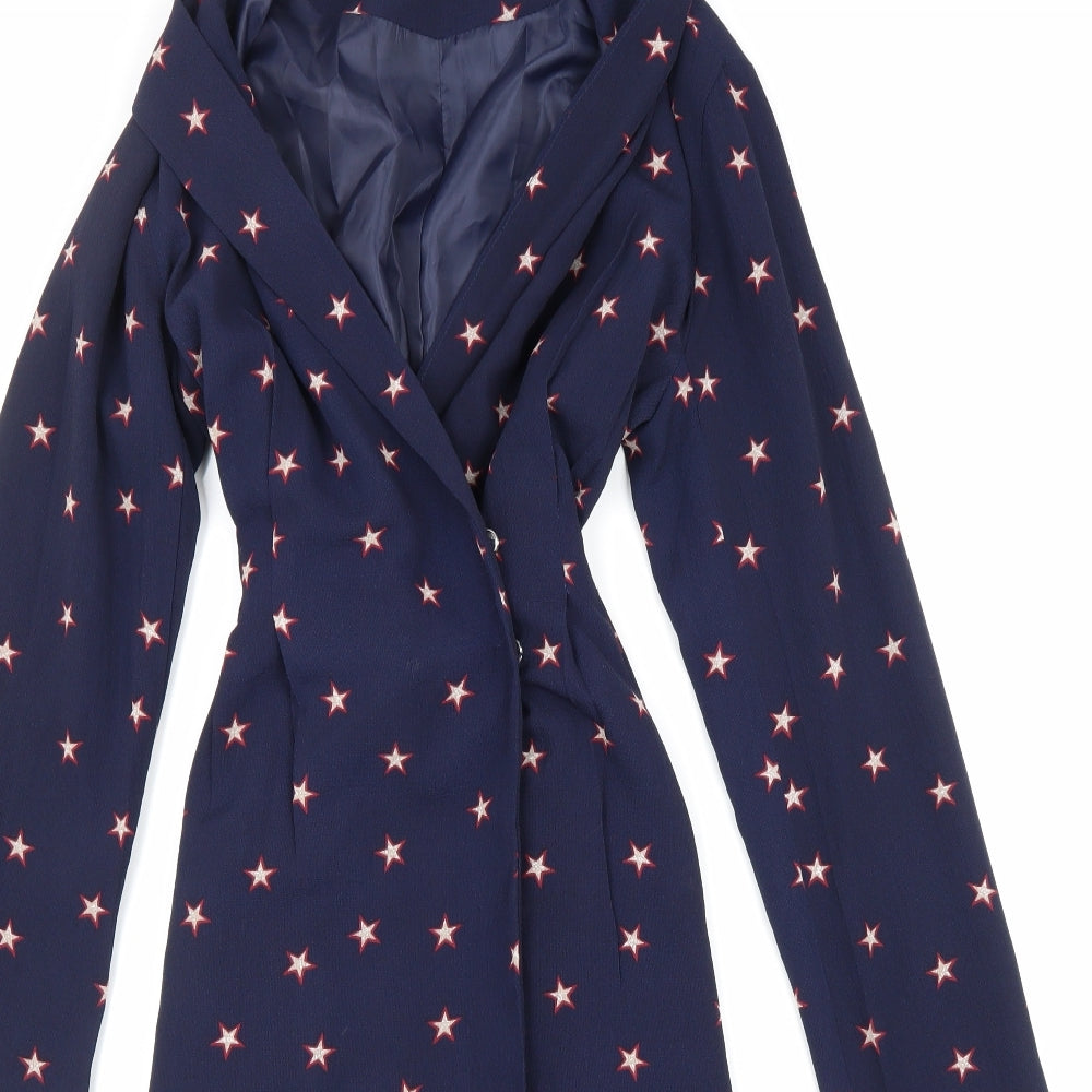 Miss Truth Womens Blue Geometric Viscose Wrap Dress Size 10 V-Neck Snap - Star Pattern