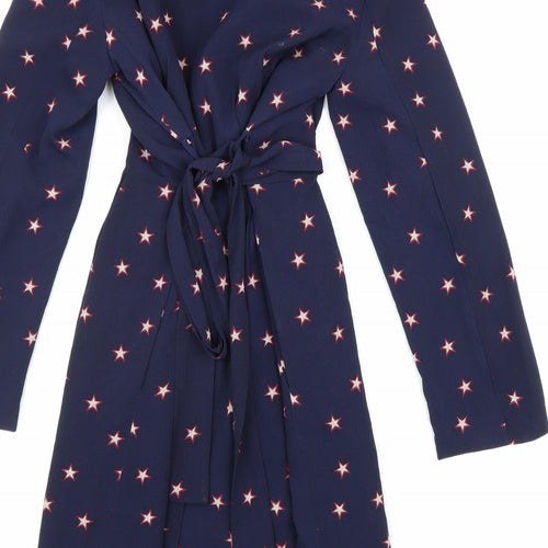 Miss Truth Womens Blue Geometric Viscose Wrap Dress Size 10 V-Neck Snap - Star Pattern