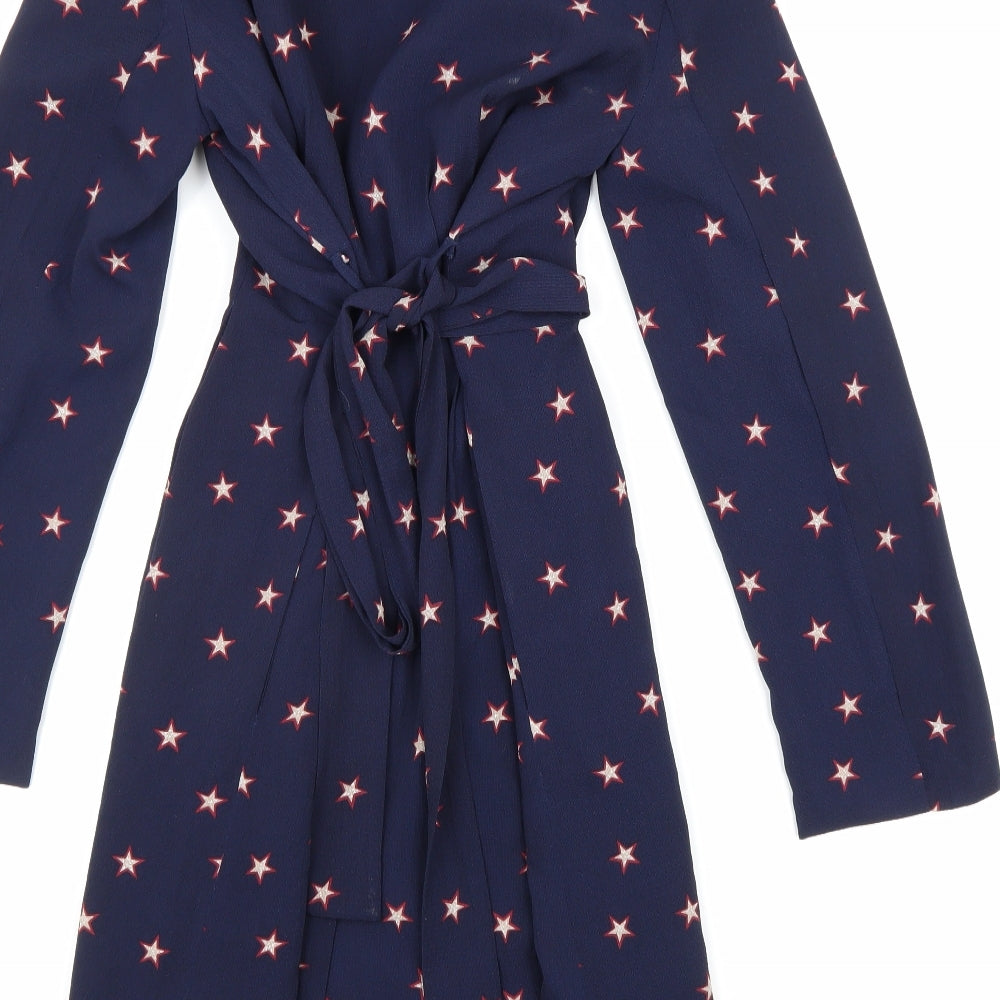 Miss Truth Womens Blue Geometric Viscose Wrap Dress Size 10 V-Neck Snap - Star Pattern