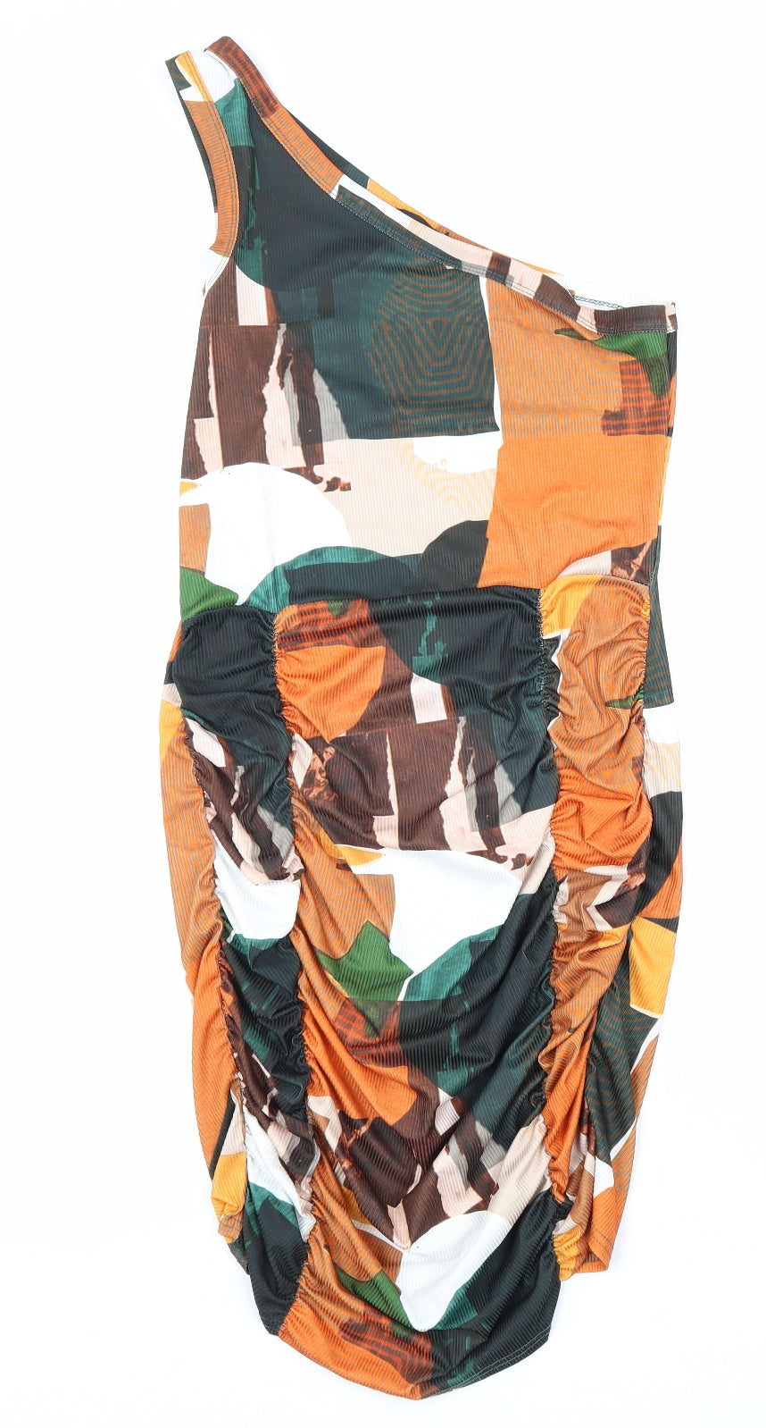 PRETTYLITTLETHING Womens Multicoloured Geometric Viscose Bodycon Size 14 One Shoulder Pullover