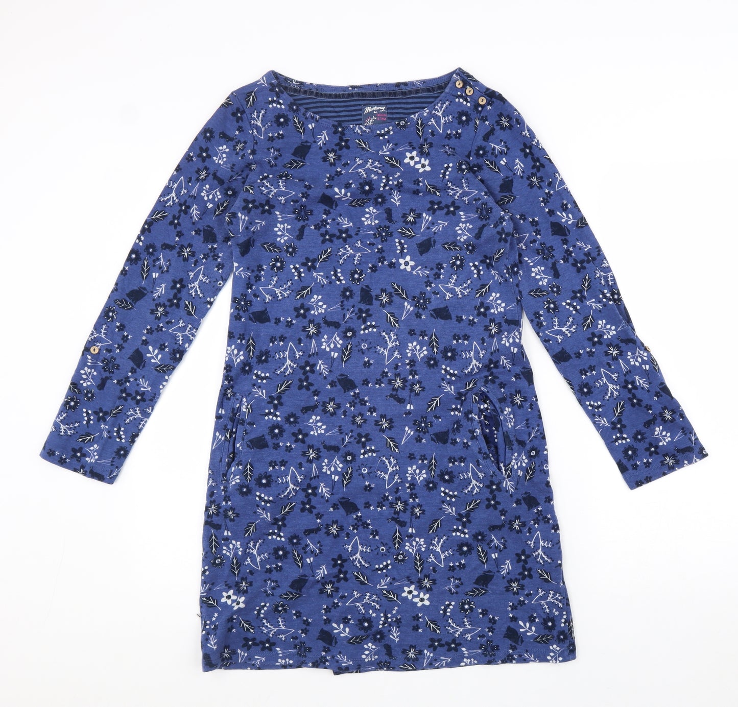 MANTARAY PRODUCTS Womens Blue Floral 100% Cotton A-Line Size 12 Round Neck Pullover