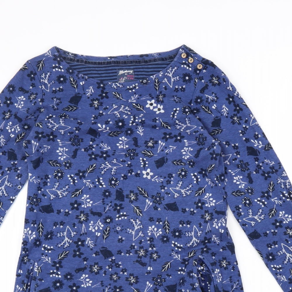 MANTARAY PRODUCTS Womens Blue Floral 100% Cotton A-Line Size 12 Round Neck Pullover