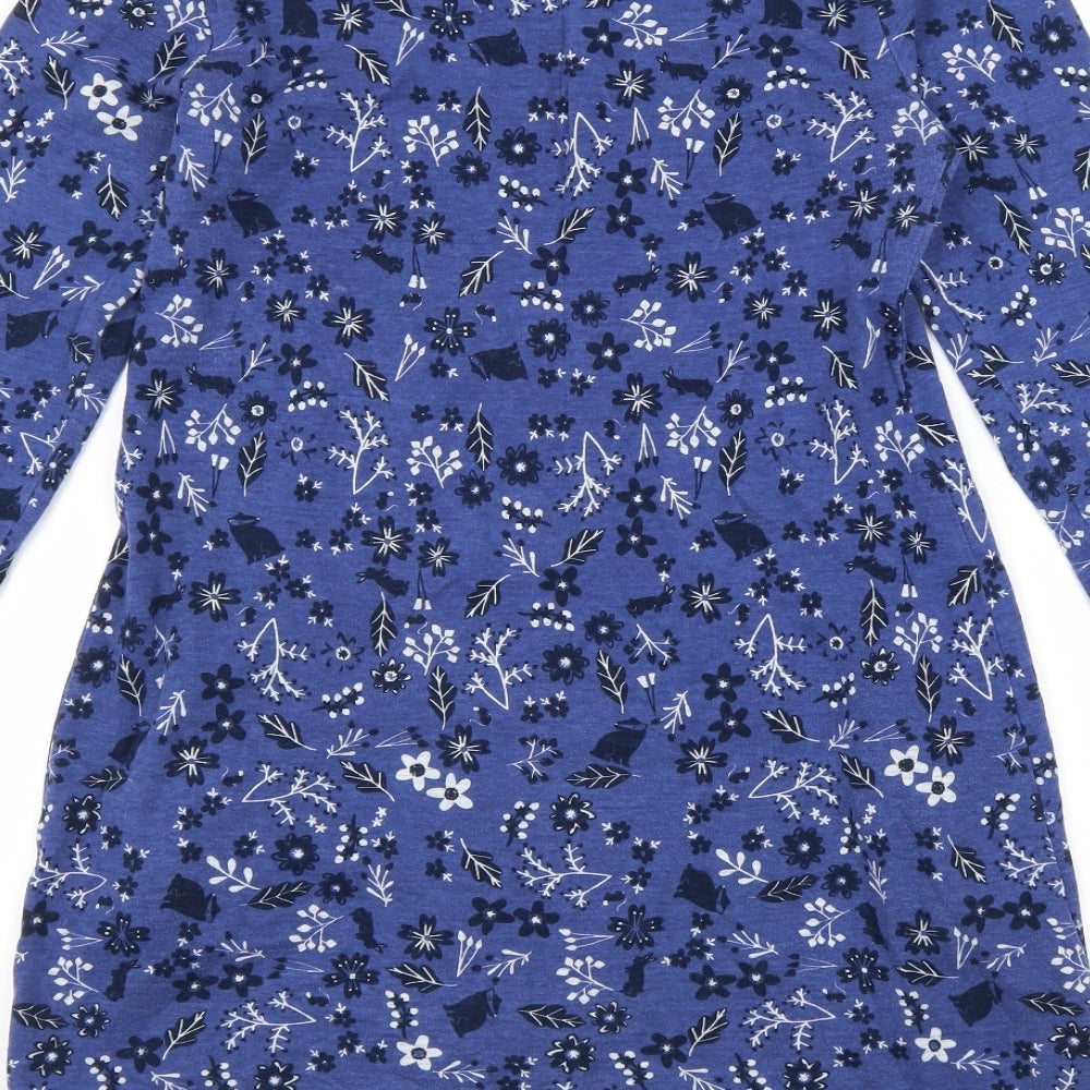 MANTARAY PRODUCTS Womens Blue Floral 100% Cotton A-Line Size 12 Round Neck Pullover