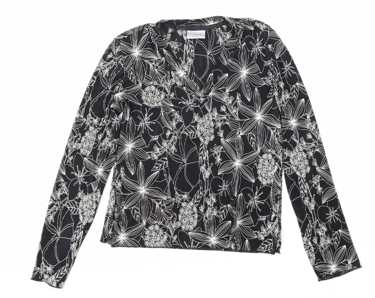 NEXT Womens Black Floral Polyester Basic Blouse Size 10 V-Neck - Plisse