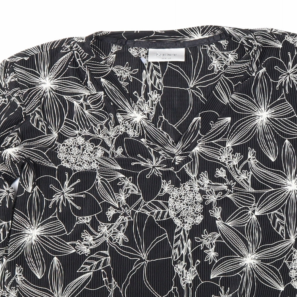 NEXT Womens Black Floral Polyester Basic Blouse Size 10 V-Neck - Plisse