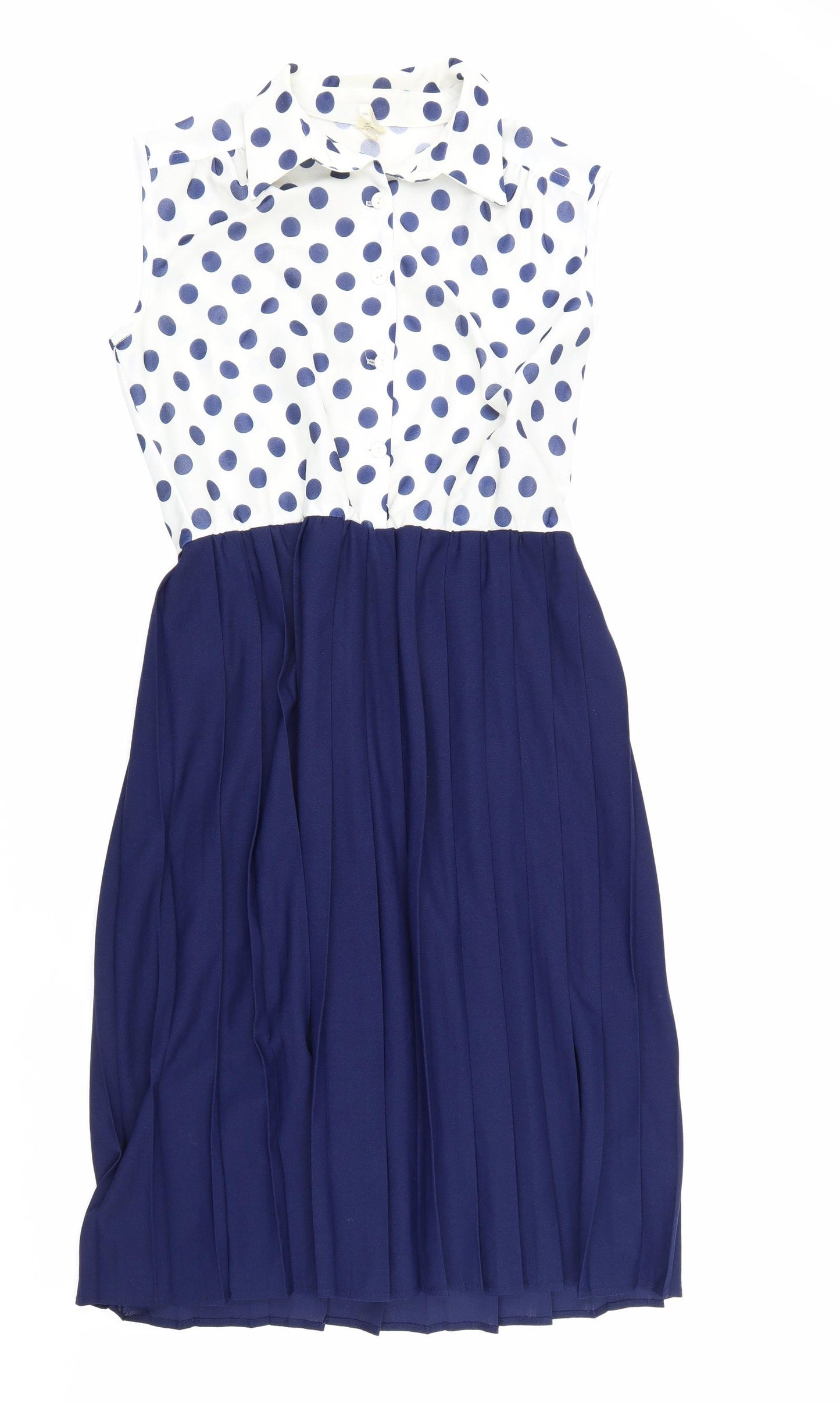 Preworn Womens Blue Polka Dot Polyester Shirt Dress Size 14 Collared Button