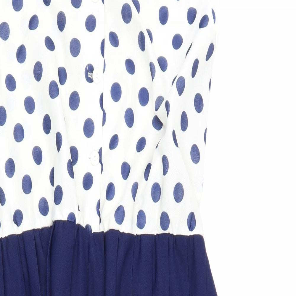 Preworn Womens Blue Polka Dot Polyester Shirt Dress Size 14 Collared Button