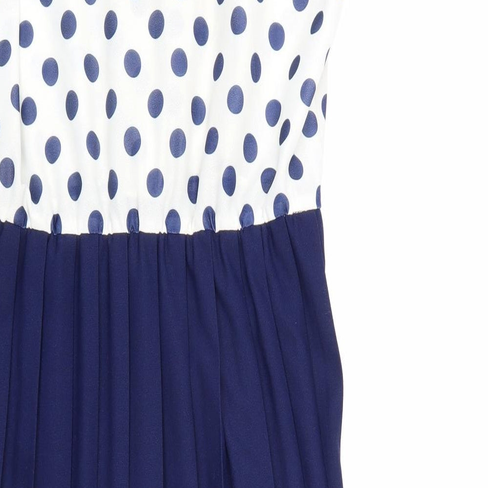 Preworn Womens Blue Polka Dot Polyester Shirt Dress Size 14 Collared Button