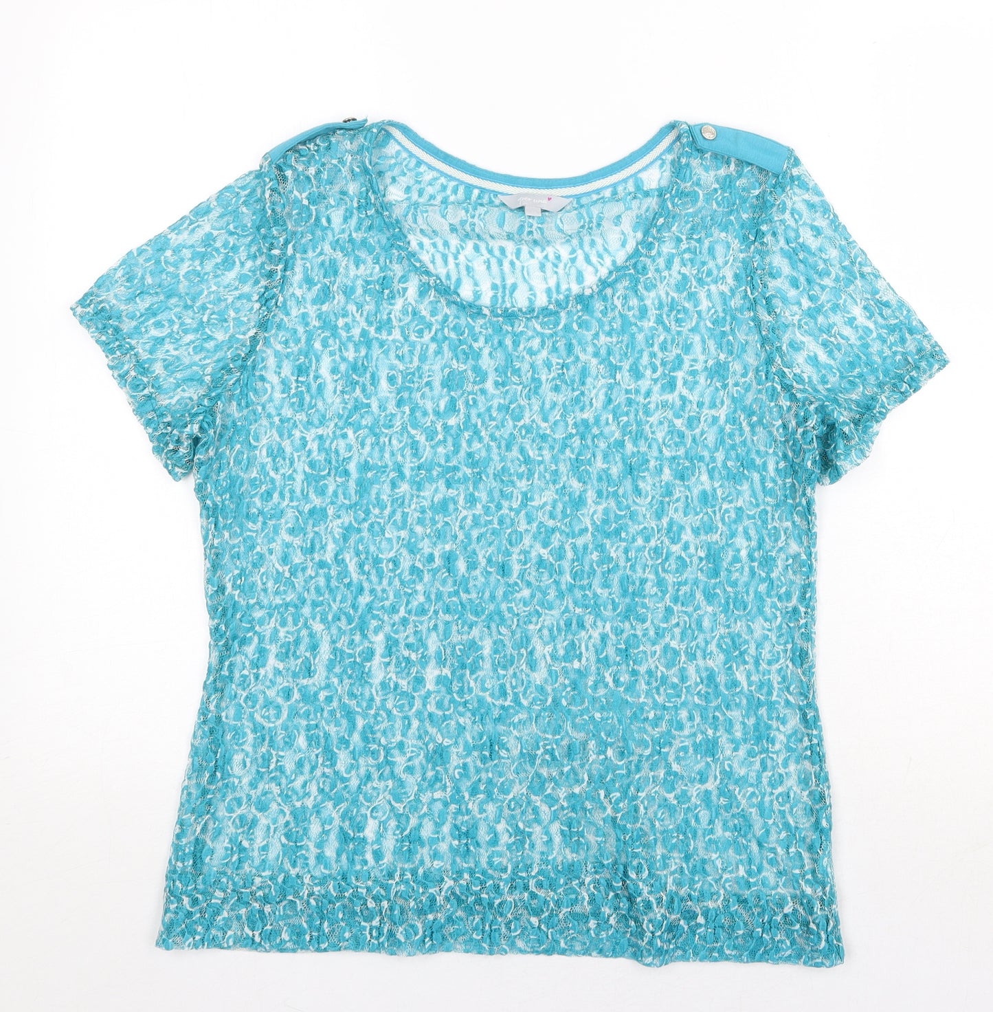 Per Una Womens Blue Geometric Polyester Basic T-Shirt Size 14 Round Neck