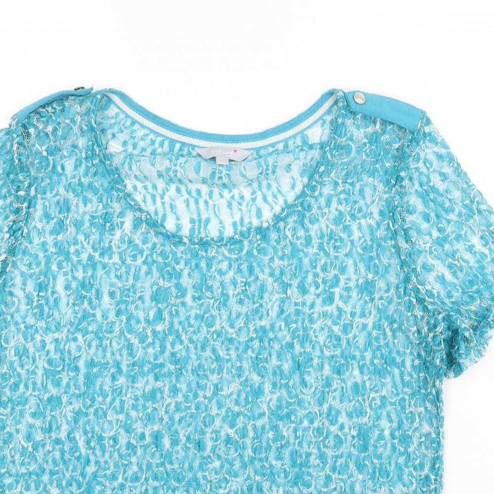 Per Una Womens Blue Geometric Polyester Basic T-Shirt Size 14 Round Neck