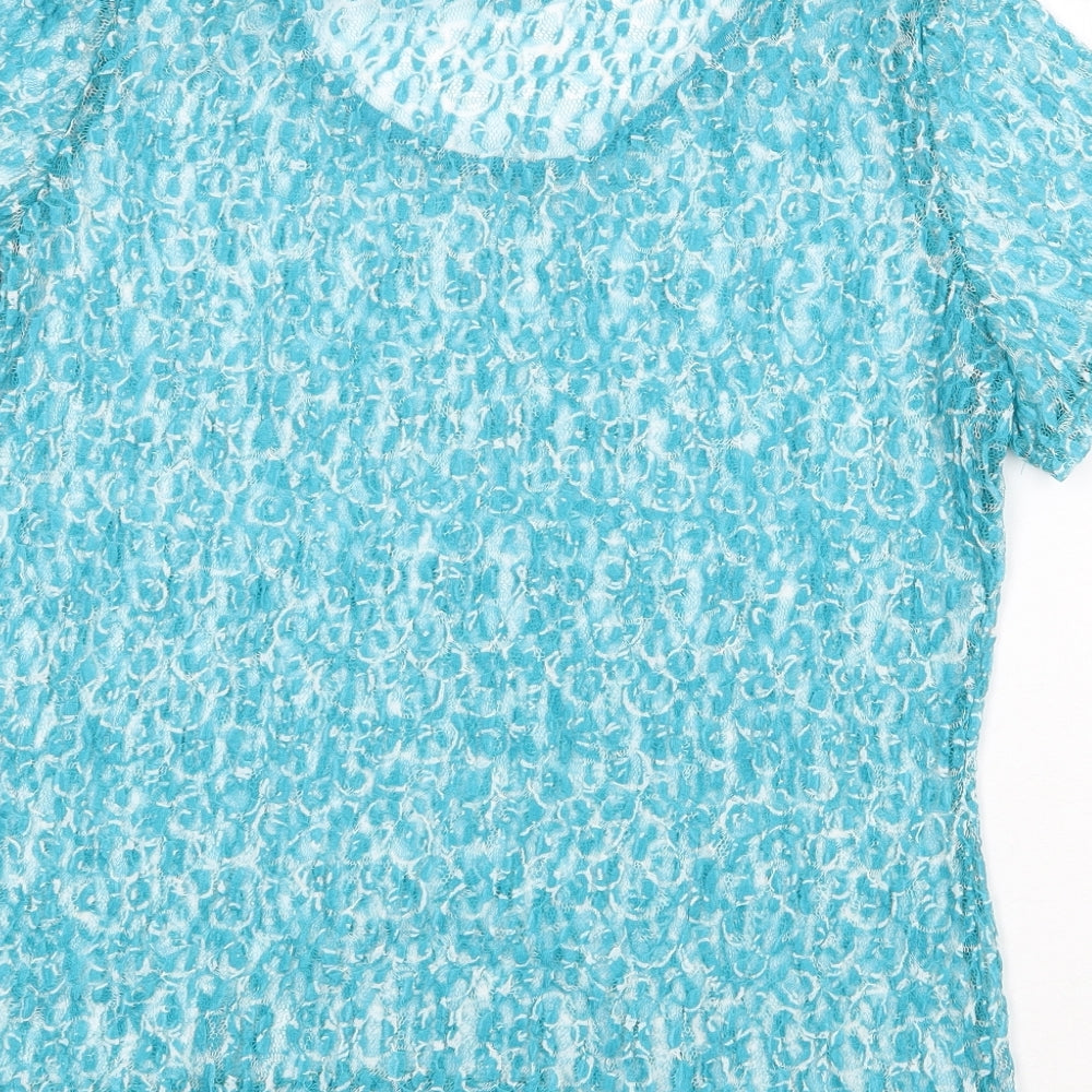 Per Una Womens Blue Geometric Polyester Basic T-Shirt Size 14 Round Neck