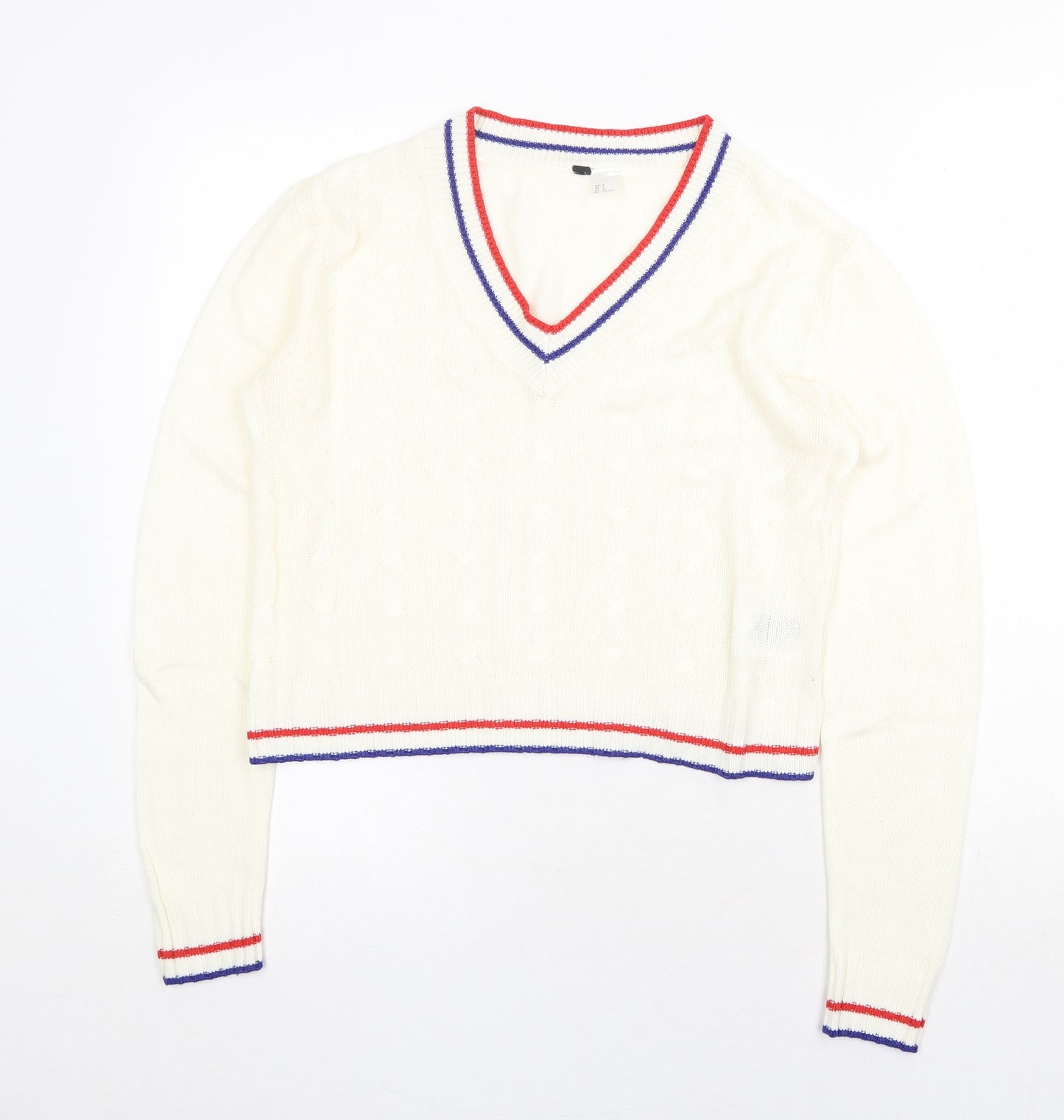 H&M Womens Ivory V-Neck Acrylic Pullover Jumper Size S - Contrasting Trim