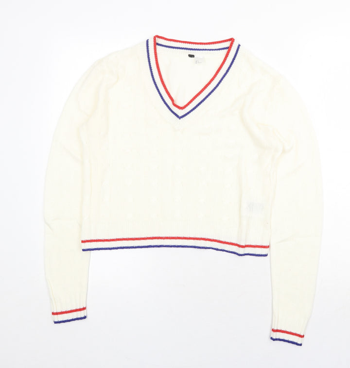 H&M Womens Ivory V-Neck Acrylic Pullover Jumper Size S - Contrasting Trim