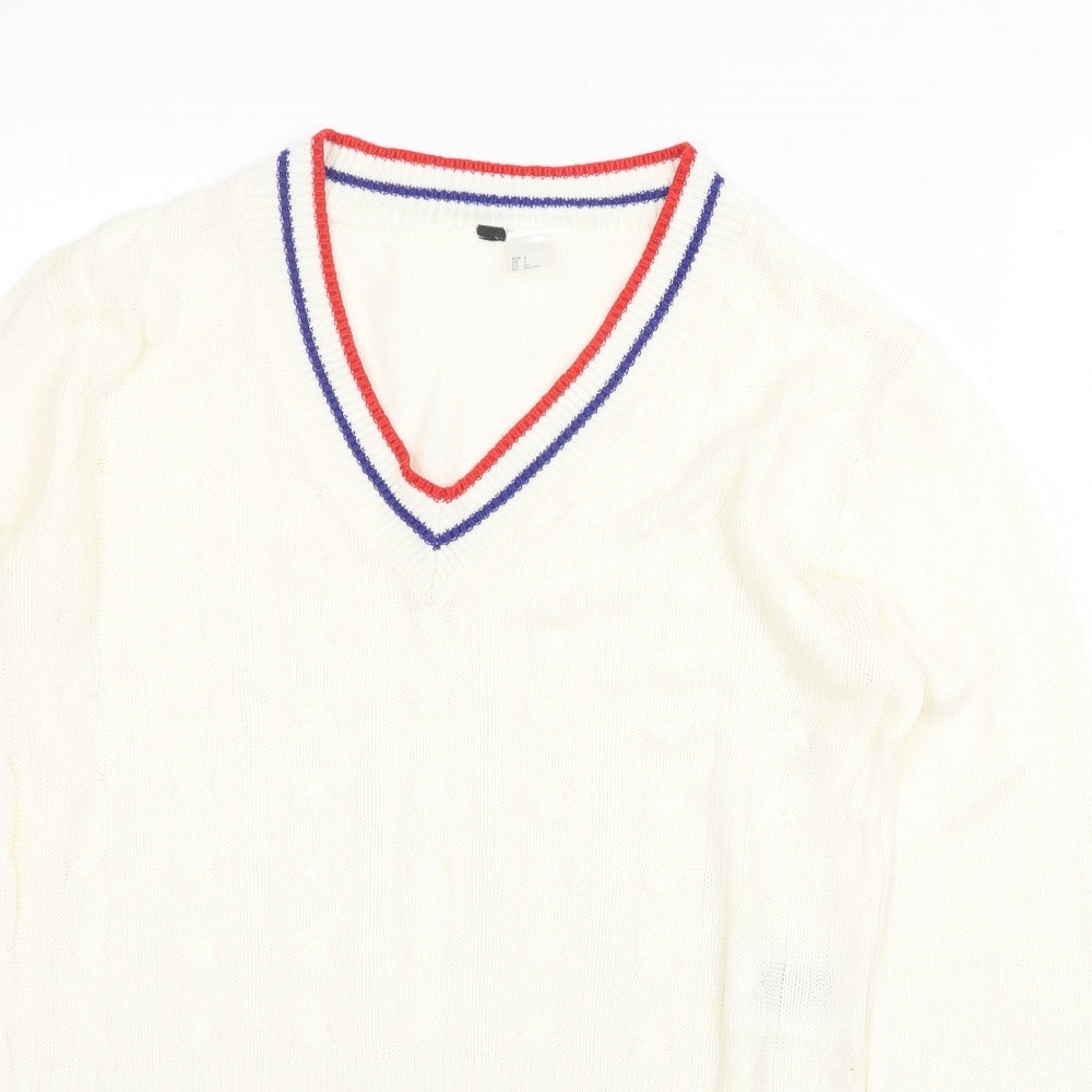H&M Womens Ivory V-Neck Acrylic Pullover Jumper Size S - Contrasting Trim