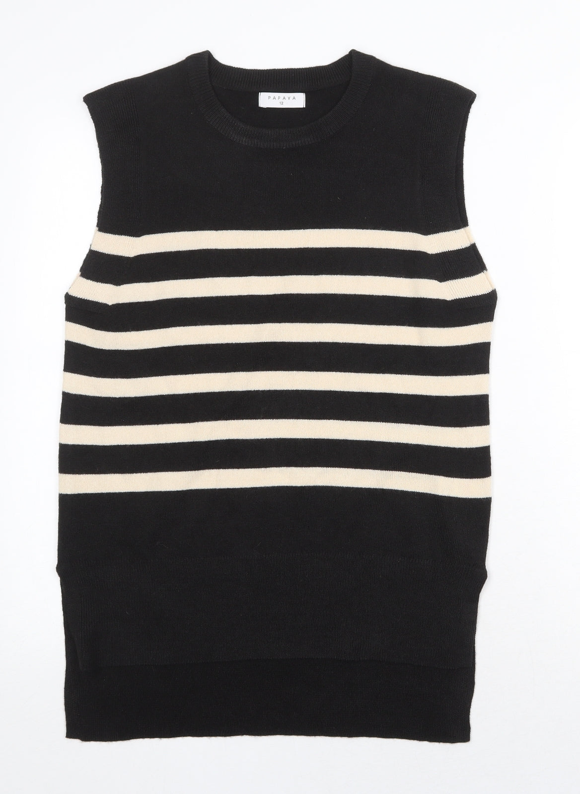 Papaya Womens Black Round Neck Striped Acrylic Vest Jumper Size 12
