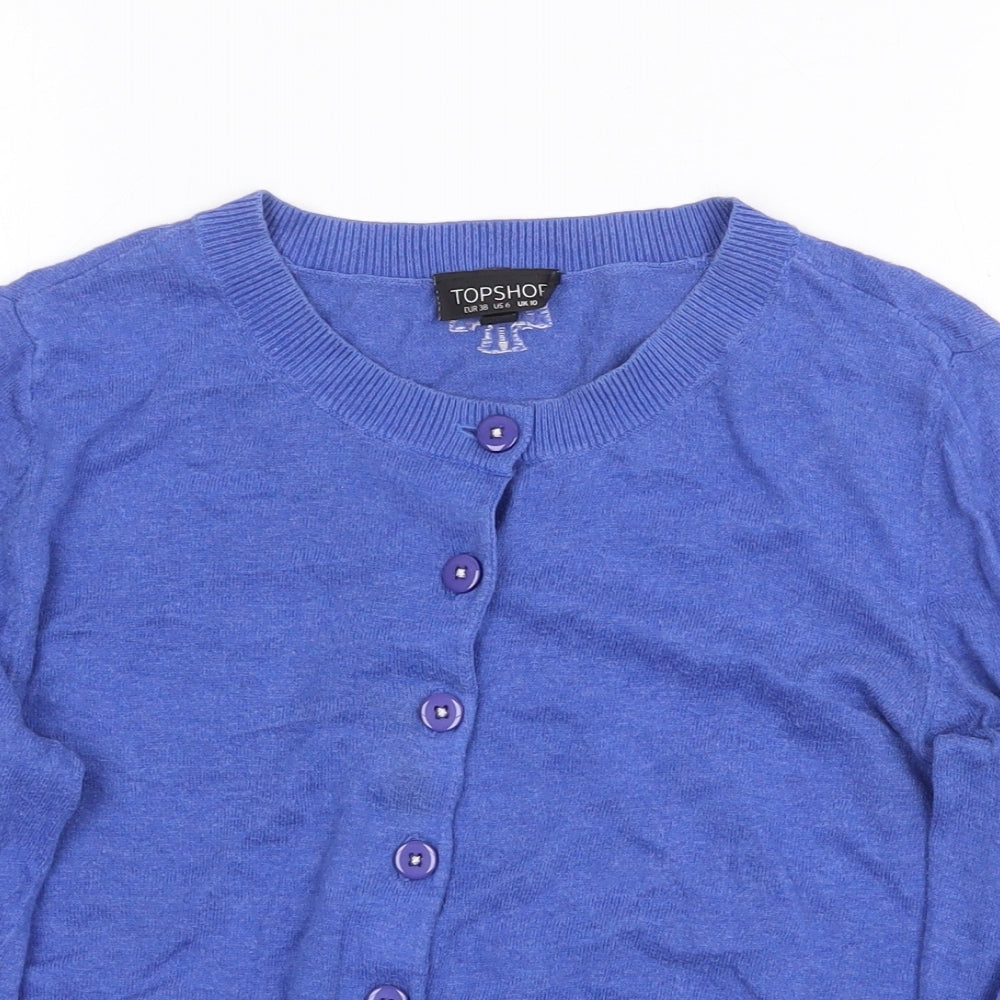 Topshop Womens Blue Round Neck Cotton Cardigan Jumper Size 10 - Bow Pattern