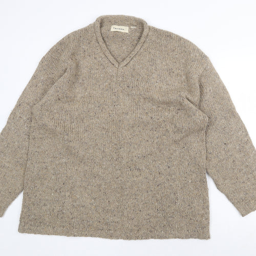 Topman Mens Beige V-Neck Acrylic Pullover Jumper Size L Long Sleeve