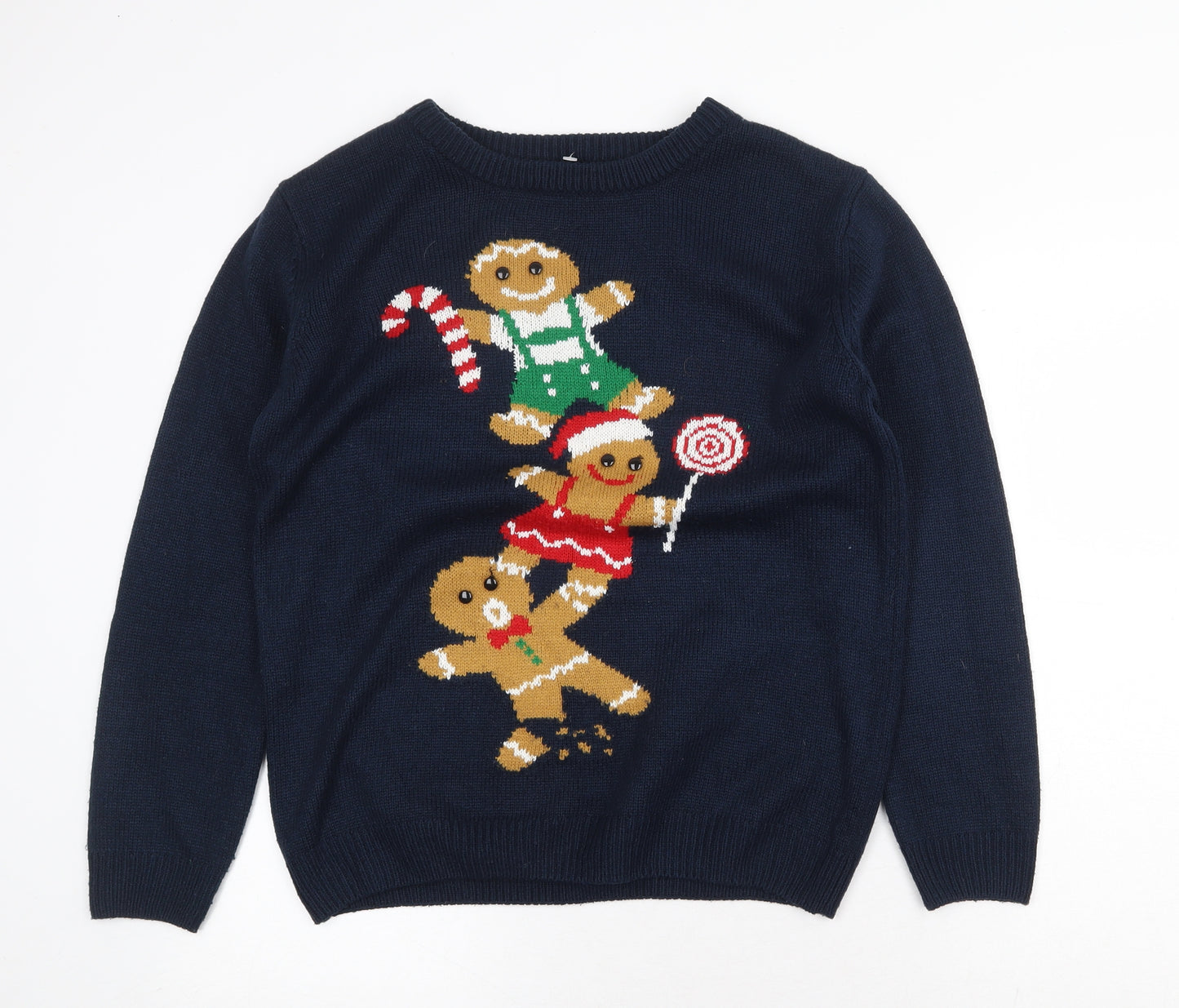 Atmosphere Womens Blue Round Neck Acrylic Pullover Jumper Size 10 - Christmas Gingerbread