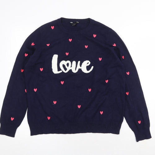 M&Co Womens Blue Round Neck Geometric Viscose Pullover Jumper Size 16 - Love Heart Pattern