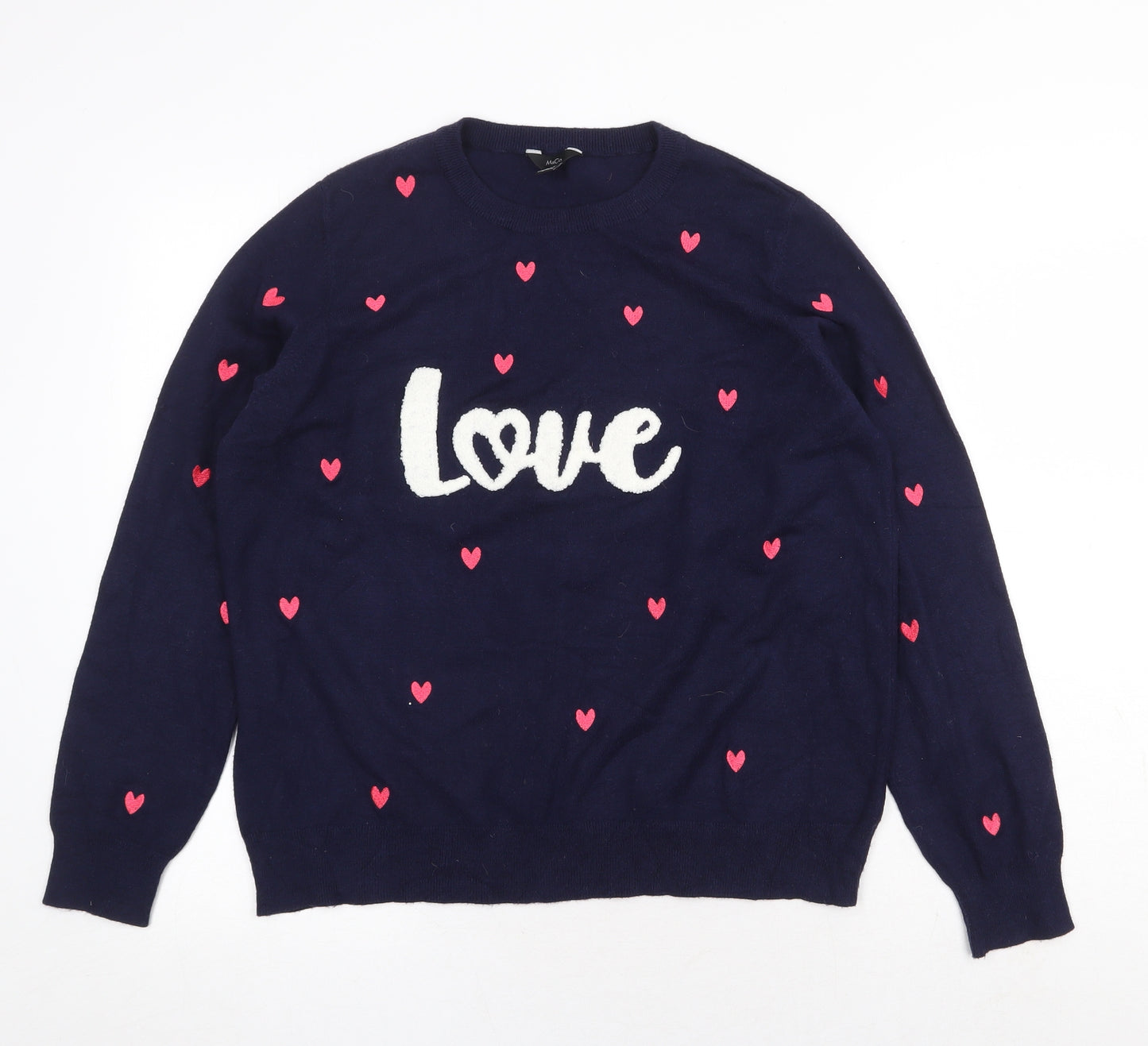 M&Co Womens Blue Round Neck Geometric Viscose Pullover Jumper Size 16 - Love Heart Pattern