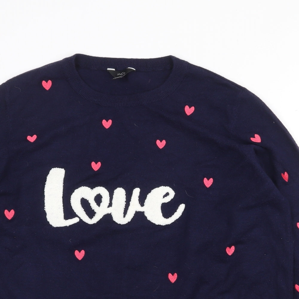 M&Co Womens Blue Round Neck Geometric Viscose Pullover Jumper Size 16 - Love Heart Pattern