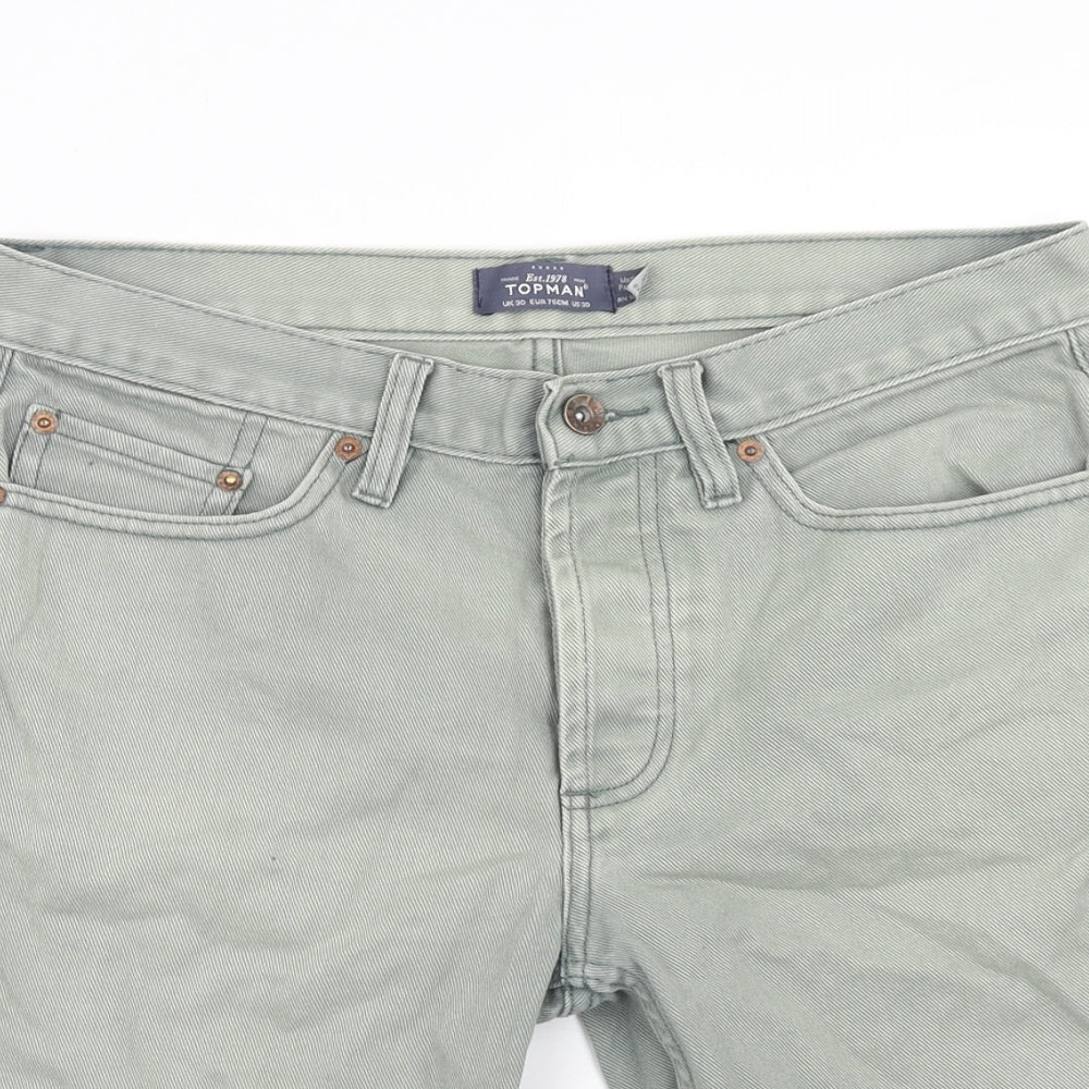 Topman Mens Green Cotton Biker Shorts Size 30 in Regular Zip