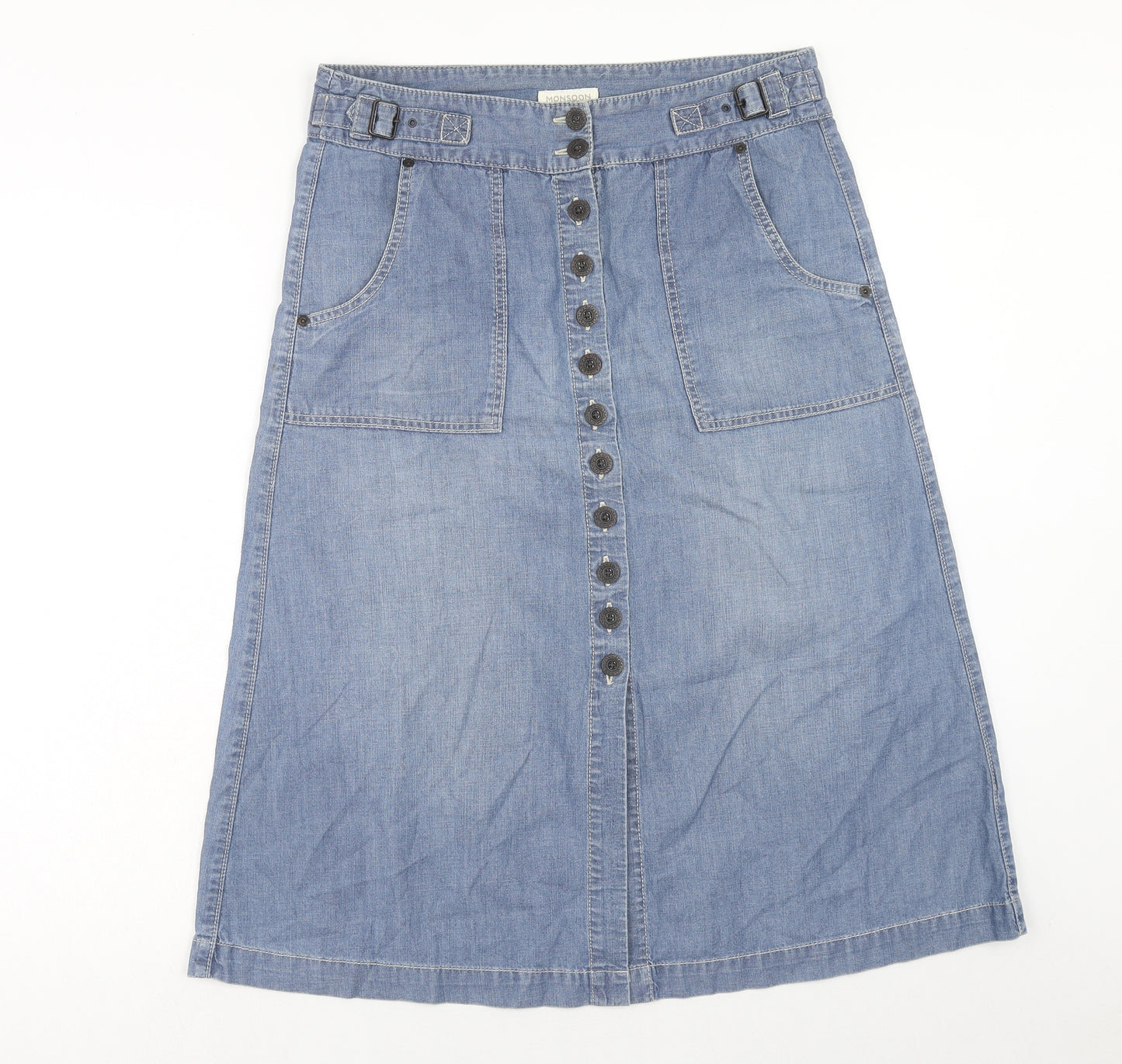 Monsoon Womens Blue Cotton A-Line Skirt Size 12 Button