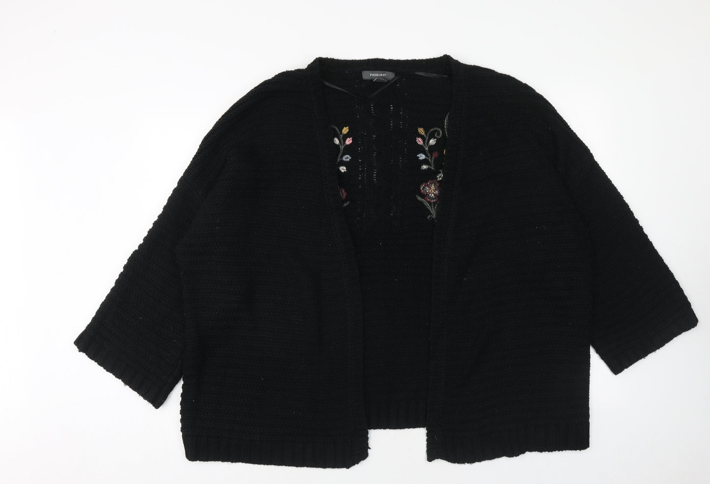 Primark Womens Black V-Neck Acrylic Cardigan Jumper Size L - Floral Detail