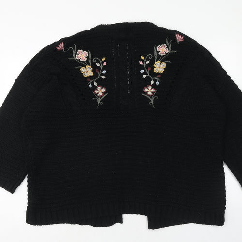 Primark Womens Black V-Neck Acrylic Cardigan Jumper Size L - Floral Detail