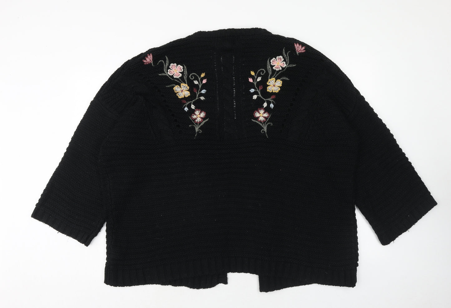 Primark Womens Black V-Neck Acrylic Cardigan Jumper Size L - Floral Detail
