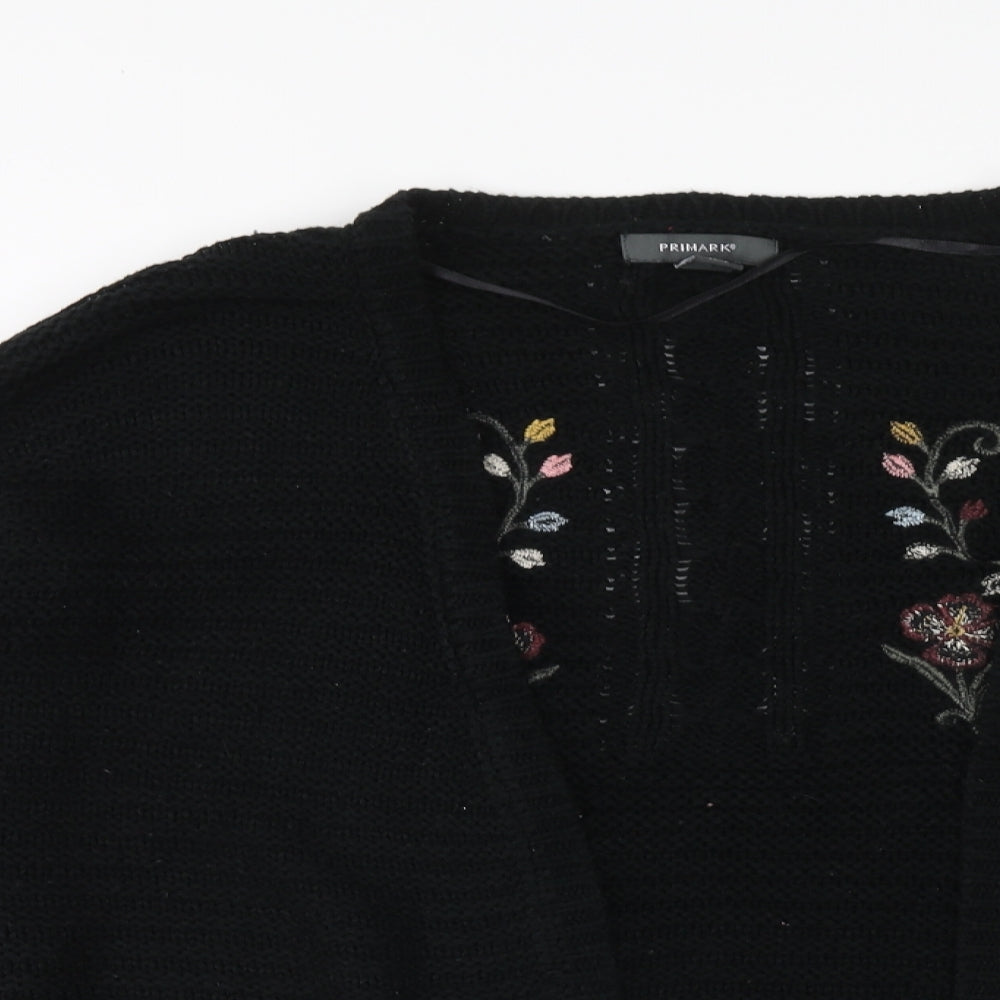Primark Womens Black V-Neck Acrylic Cardigan Jumper Size L - Floral Detail